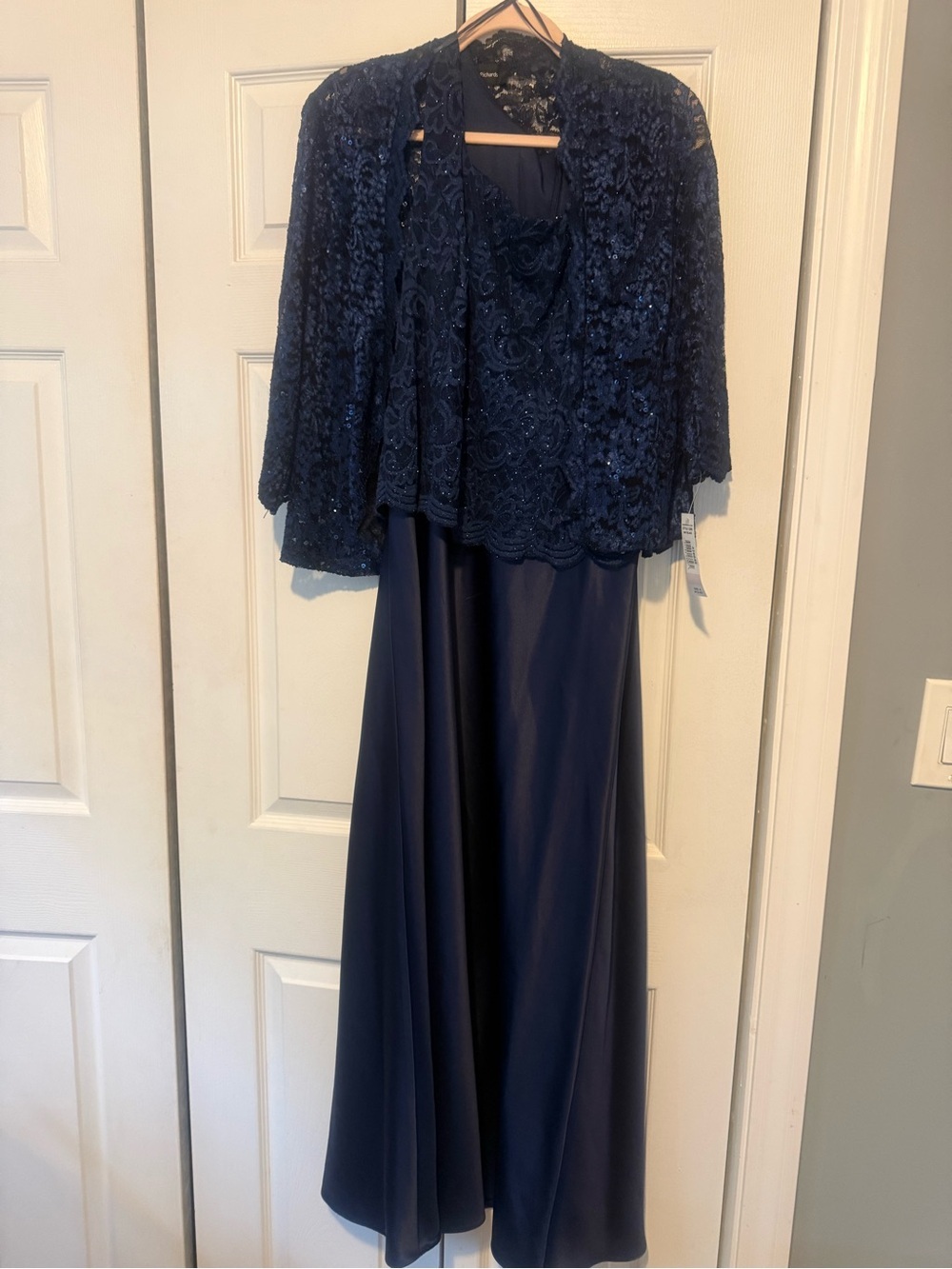 R & M Richard’s Navy Lace Sequin Evening Jacket with dress
